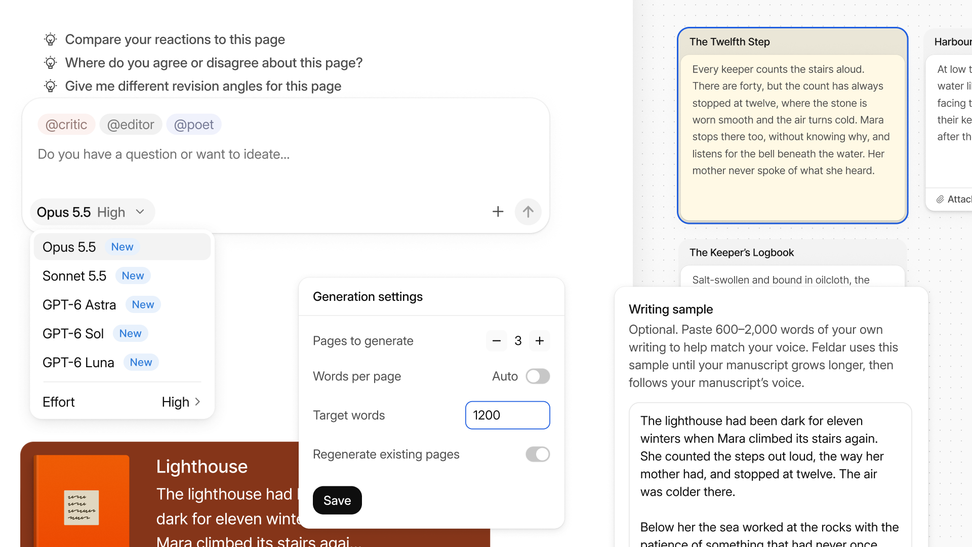 Feldar 1.1 showing new AI models, generation settings, a writing sample, and Canvas cards
