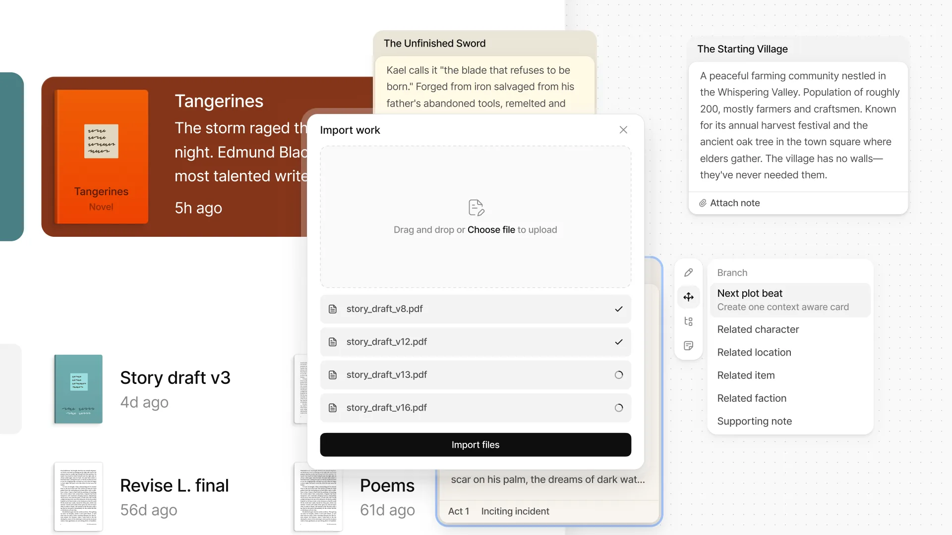 Feldar's redesigned Library, manuscript import flow, and Canvas card tools